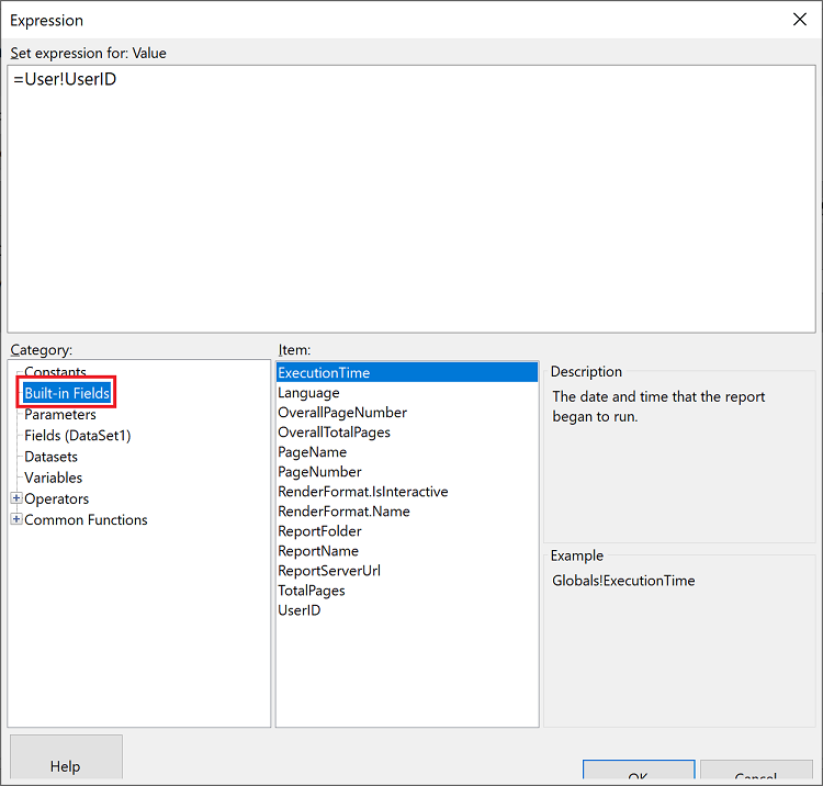 Screenshot shows the Expression window with Built-in Fields selected as Category and ExecutionTime selected as Item.