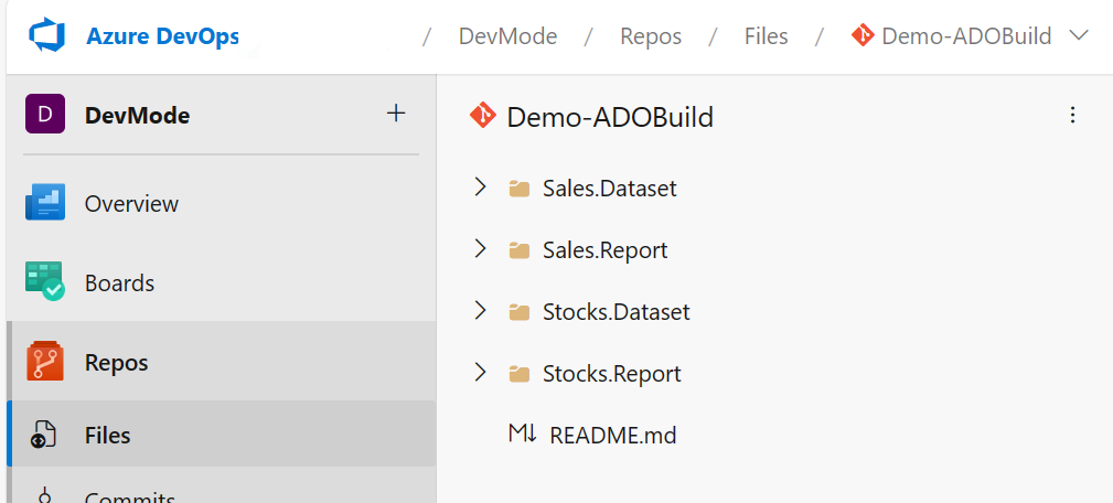 Screenshot showing the Azure DevOps branch with folders for different workspace items.