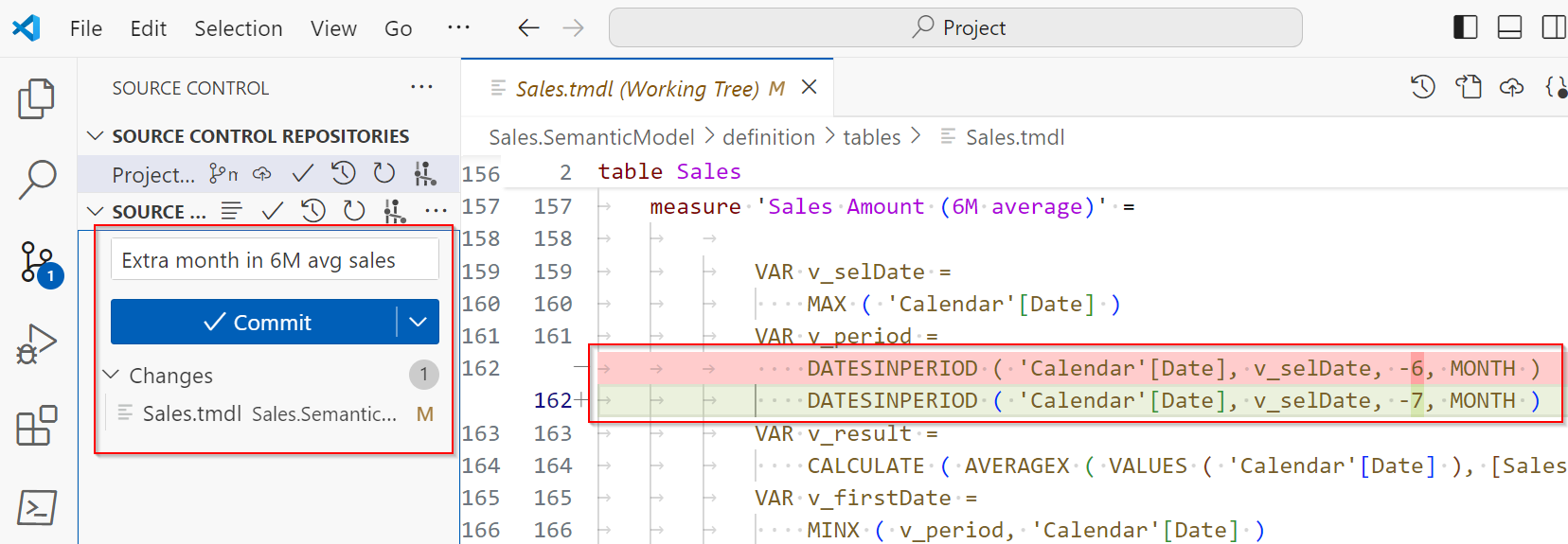 Image showing a measure change in VS Code.