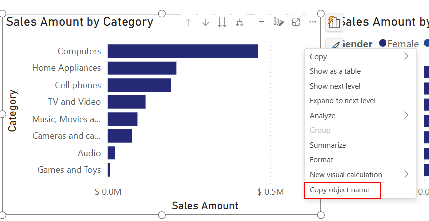 Screenshot of a desktop report with copy object name selected.