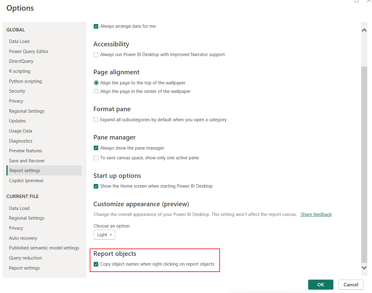 Screenshot of the report objects report settings.