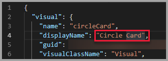 Screenshot of VS Code, which shows the display name value is set to Circle Card.