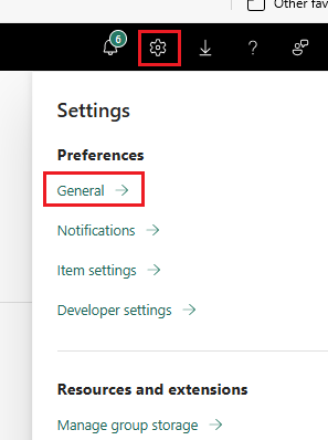 Screenshot of the settings, general, menu option in Power B I service.