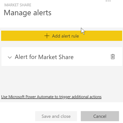 Screenshot showing the window for managing alerts with the Alert for Market Share alert visible.
