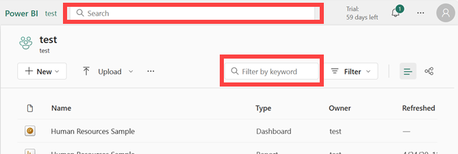 Screenshot of a workspace showing two different search fields.