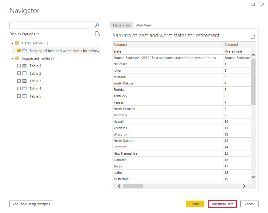 Screenshot of Power B I Desktop showing a table display of imported data.