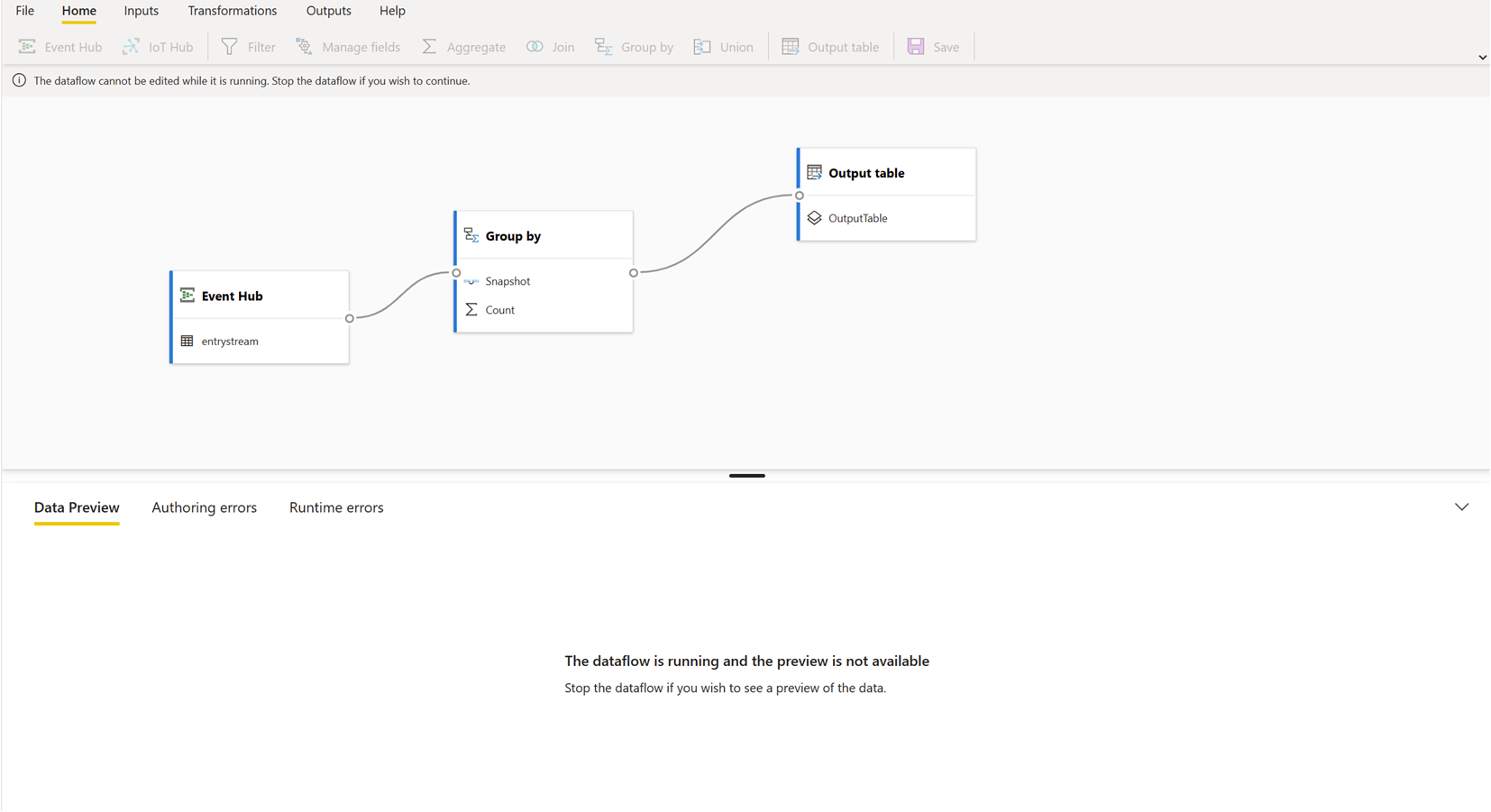 Screenshot that shows the disabled data preview when a streaming dataflow is running.