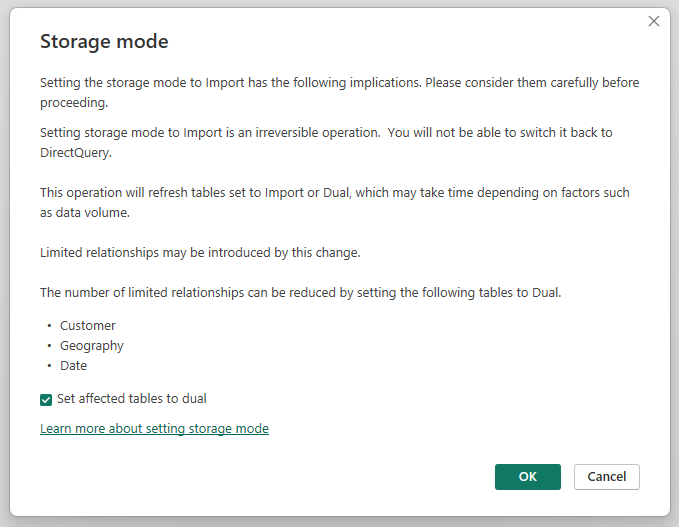 Storage mode dialog