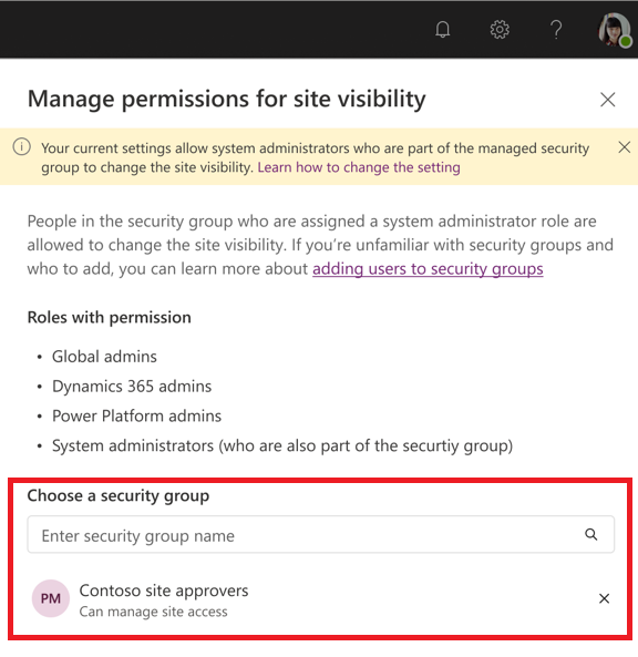 Screenshot of the Manage permissions for site visibility option page, with Choose a security group highlighted.