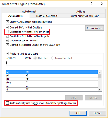 إلغاء تحديد إعدادات AutoCorrect.