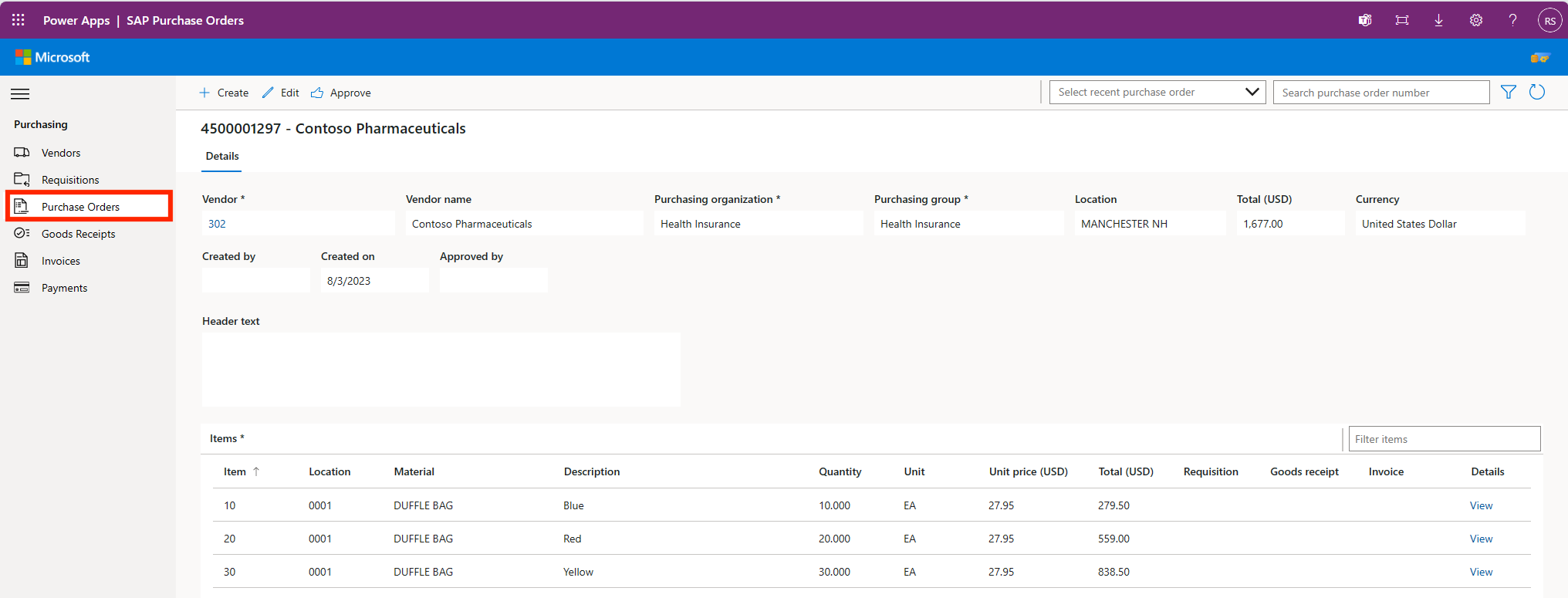 صورة من تطبيق Power Platform أمر شراء المشتريات