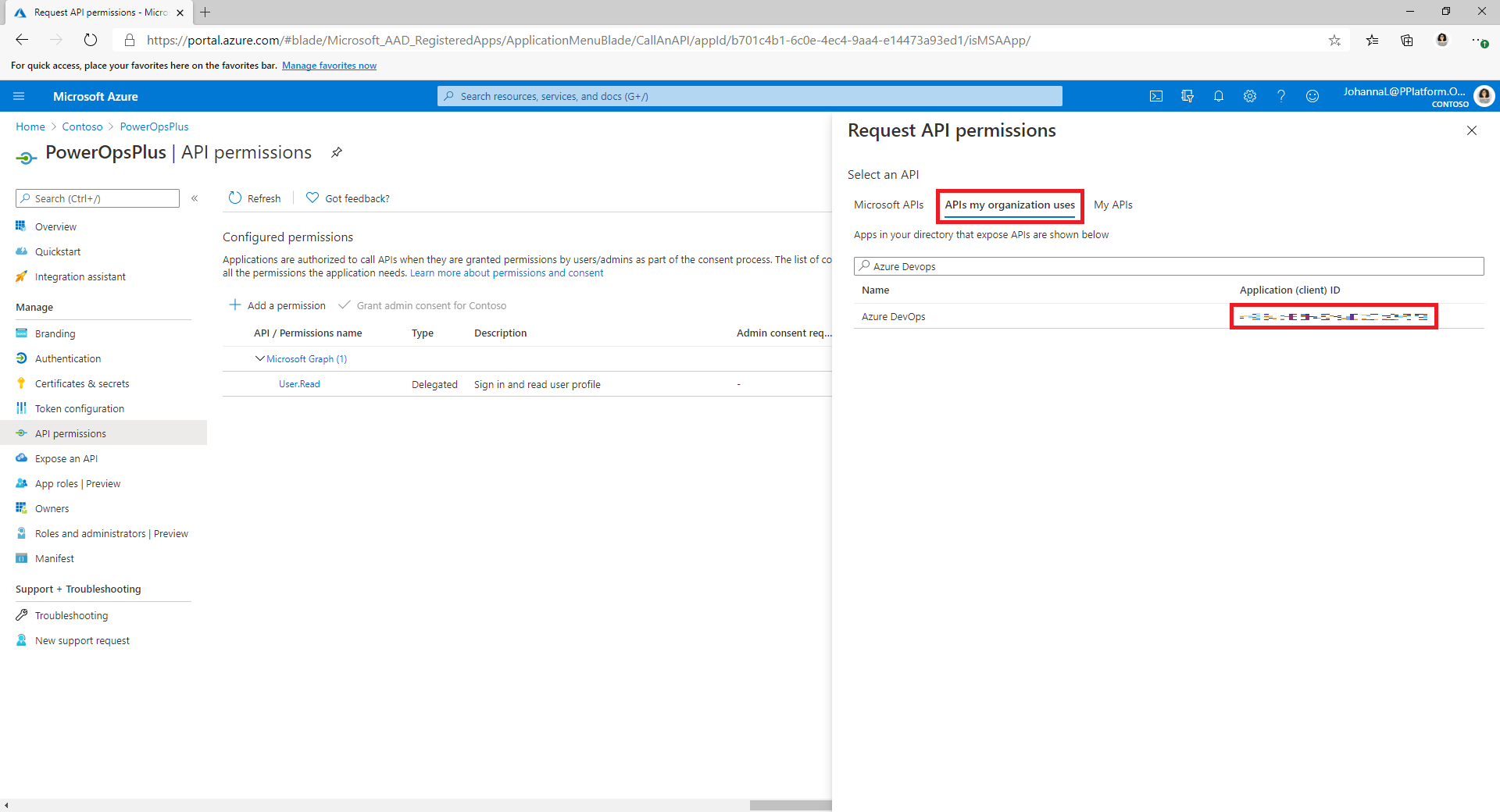 لقطة شاشة لنافذة طلب أذونات API‬‏‫، مع علامة التبويب واجهات API التي تستخدمها مؤسستي ومعرف التطبيق (العميل).