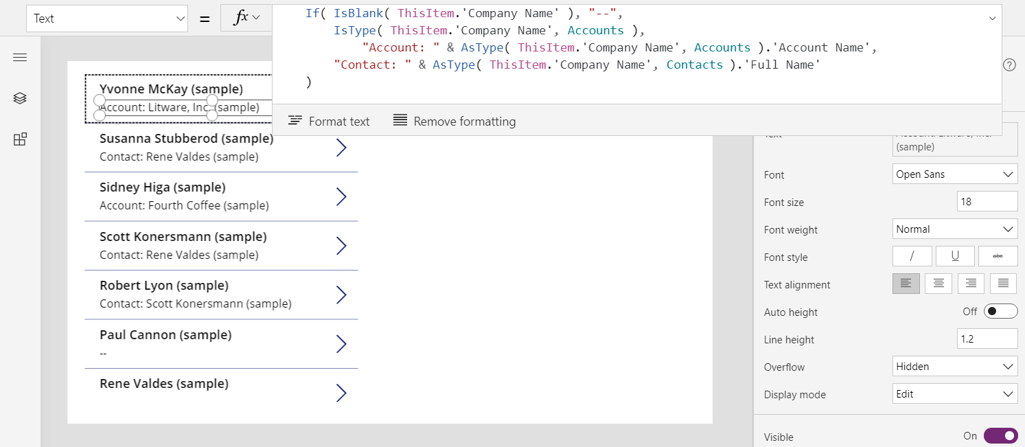 الشاشة مكتملة الآن وتعرض الحسابات وجهات الاتصال المختلطة في المعرض.
