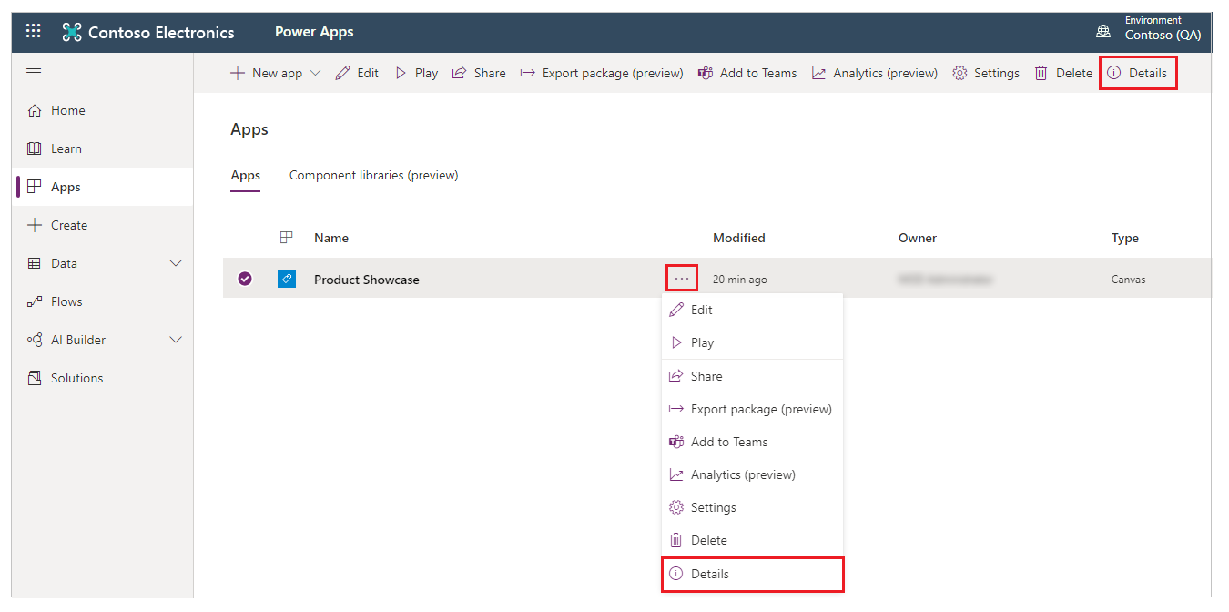 خيار تفاصيل التطبيق.