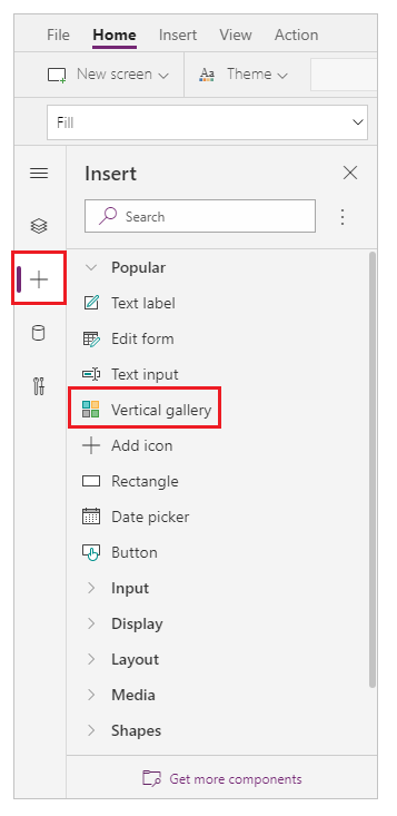 استخدام جزء أدوات الإدراج لإضافة عنصر تحكم vertical gallery.