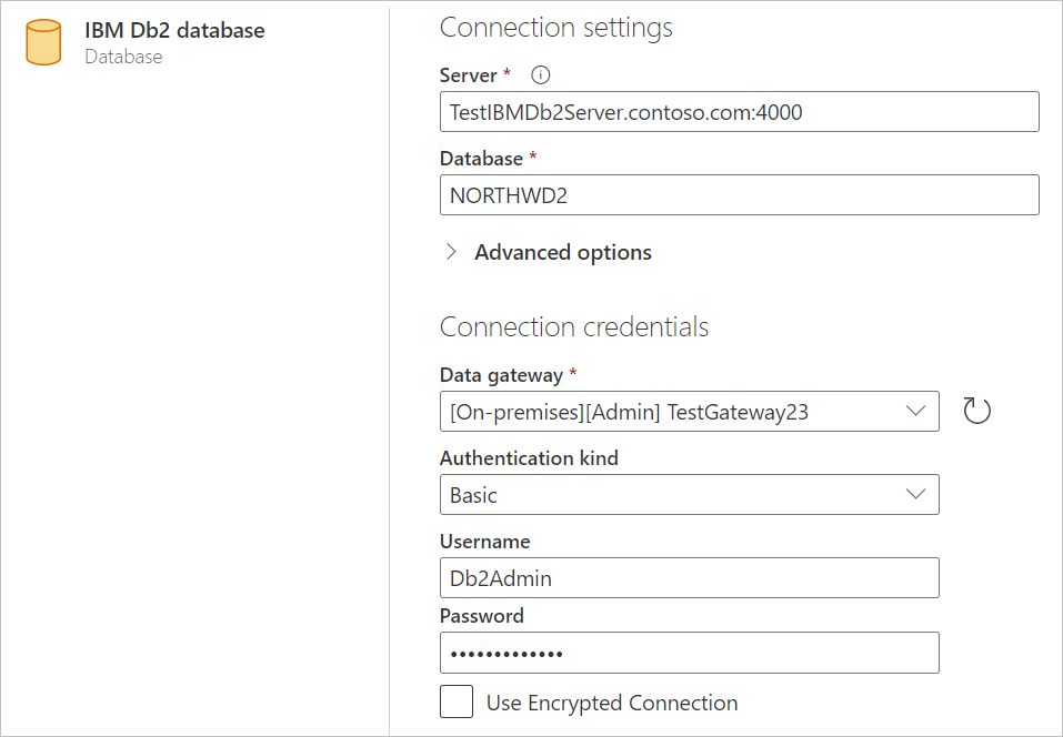 Screenshot of the IBM Db2 database online connection settings with the required settings entered.