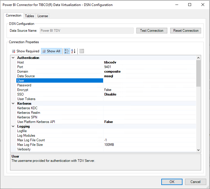 Screenshot of the TDV DSN Configuration dialog.