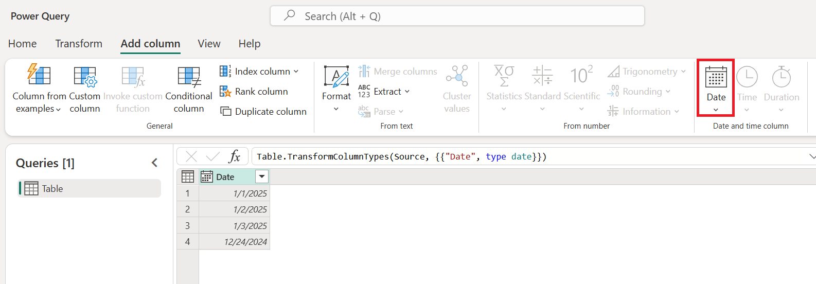 Screenshot of the Power Query ribbon demonstrating type-specific options in the Add column menu.