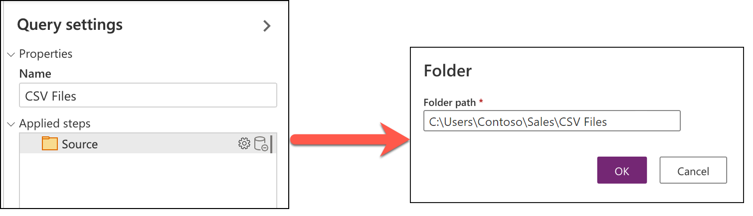 Screenshot of the Query setting dialog with the Source emphasized and the Folder path associated with the source.