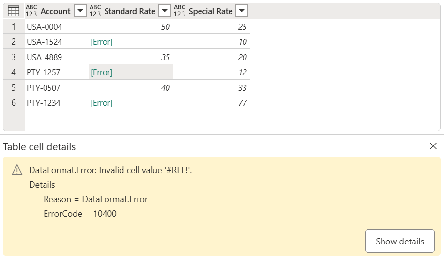 Screenshot of the selected error, with an error message at the bottom of the dialog.