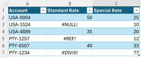 Screenshot of sample data from an Excel workbook containing three errors.