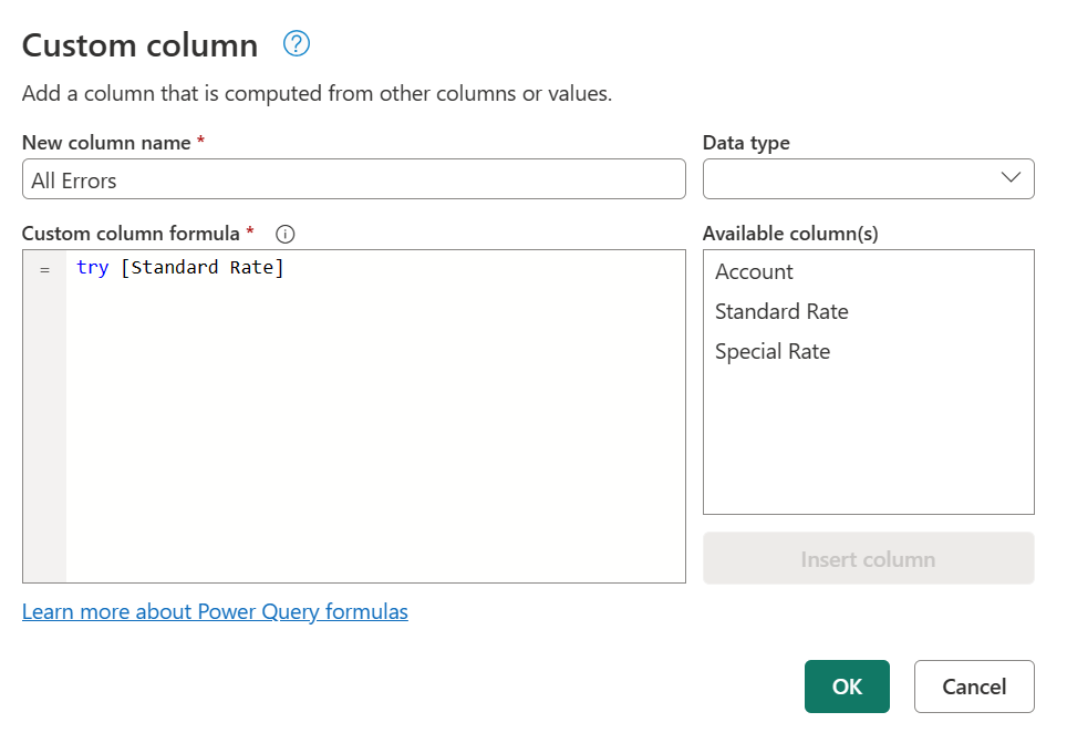 Screenshot with the Custom Column dialog open and a try formula entered in the custom column.