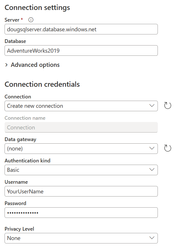 Connect to data source dialog where the connection name was picked from the dropdown menu inside the connection field.