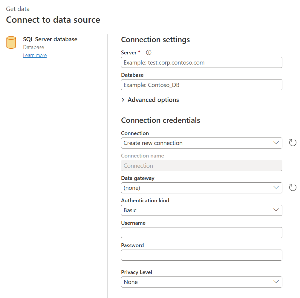 Connect to data source page, using the SQL Server database connector that showcases the Connection settings and Connection credentials sections.