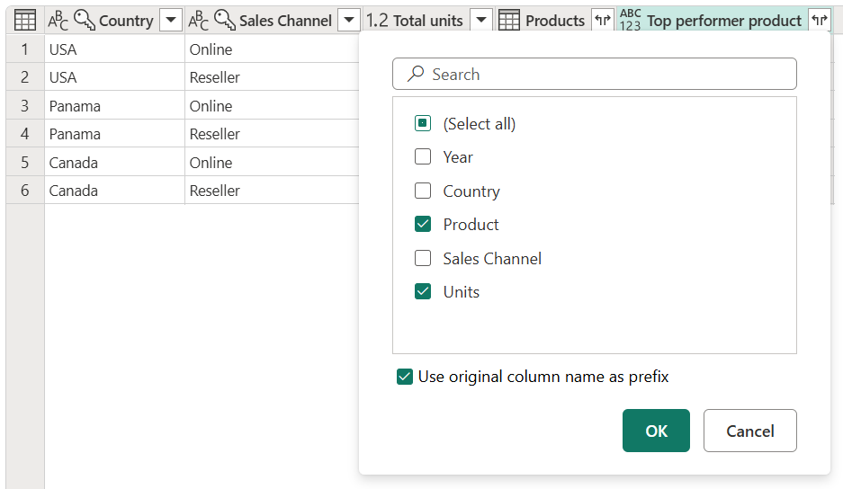 Screenshot of the expand operation for the record value on the Top performer product column.