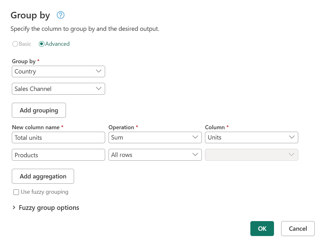 Screenshot of the Group by dialog with a nonaggregate column.