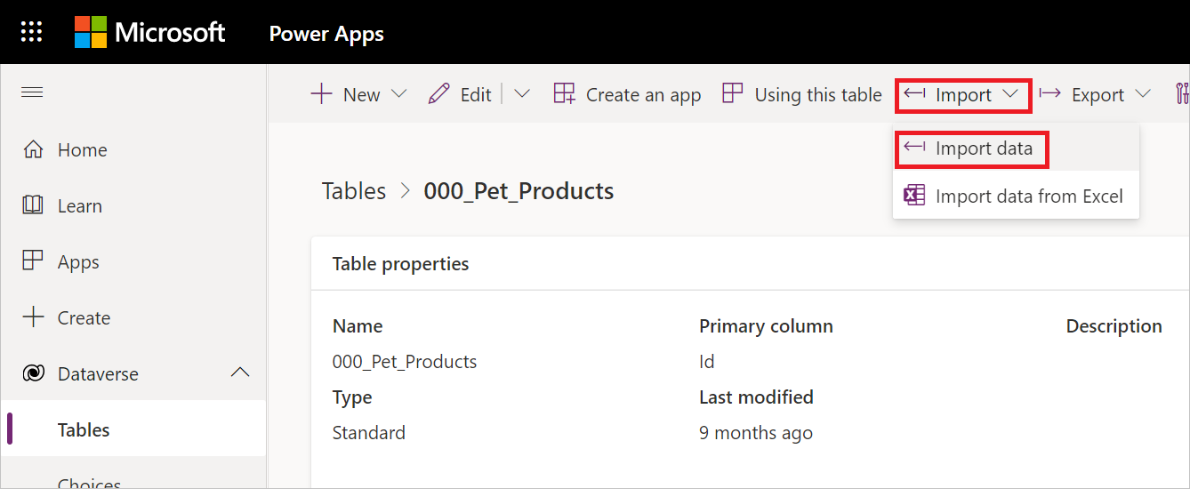 Screenshot with Dataverse tables open, an individual table open in a pane, the import context menu open, with the import data option emphasized.