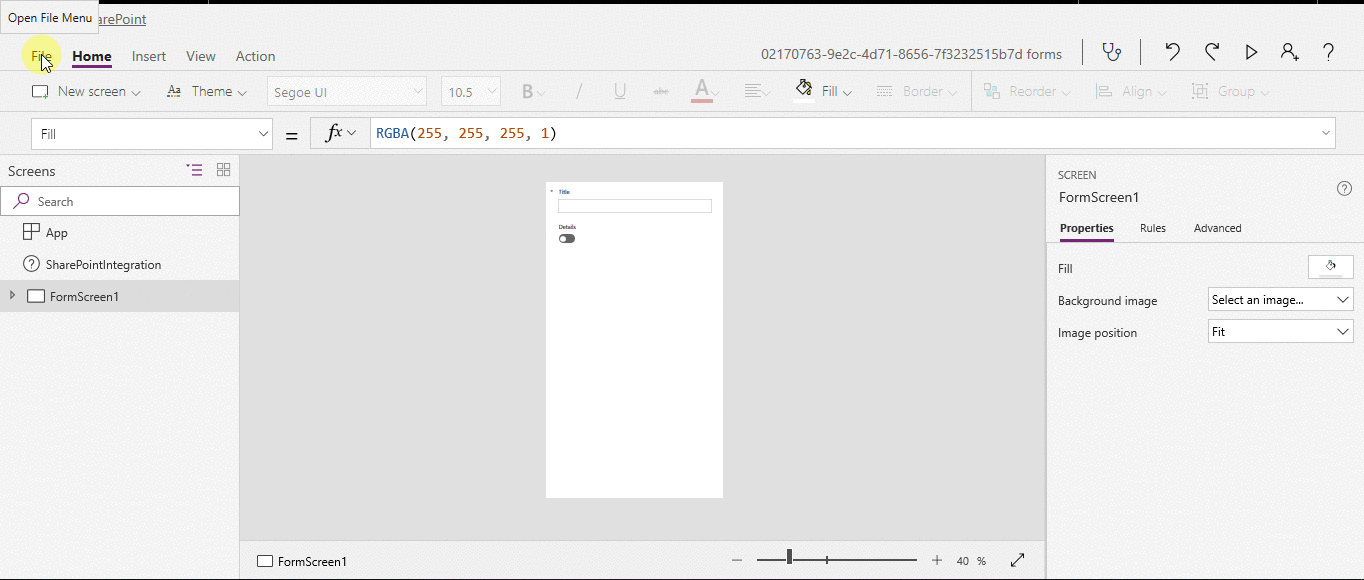 Open the File menu, select Save, and then select Publish to SharePoint twice. In the upper-left corner, select the back arrow, and then select Back to SharePoint.
