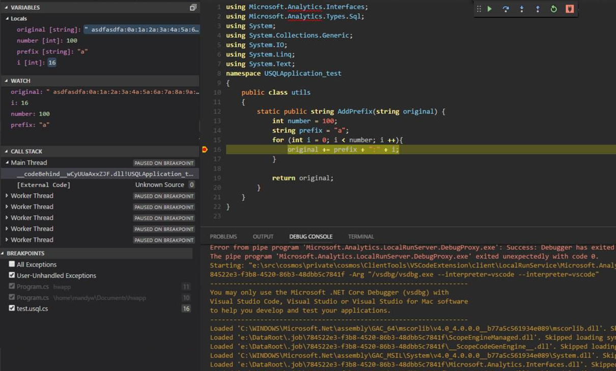 أدوات Data Lake لنتيجة تصحيح الأخطاء المحلية ل Visual Studio Code