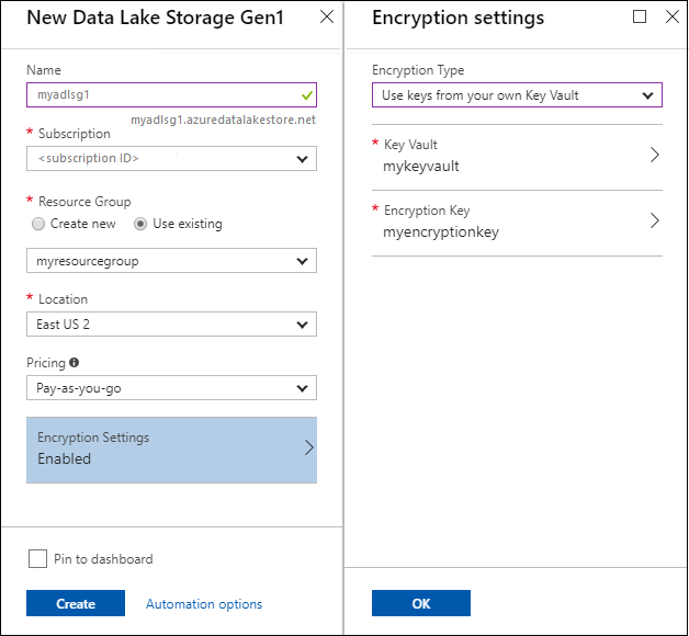 تشفير Data Lake Storage Gen1 لقطة شاشة لجزء New Data Lake Storage Gen 1 وشفرة إعدادات التشفير.