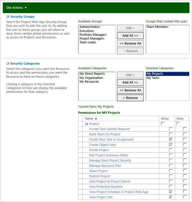 Security categories, My Projects for team members