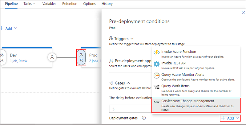 A screenshot showing how to add a pre-deployment gate.