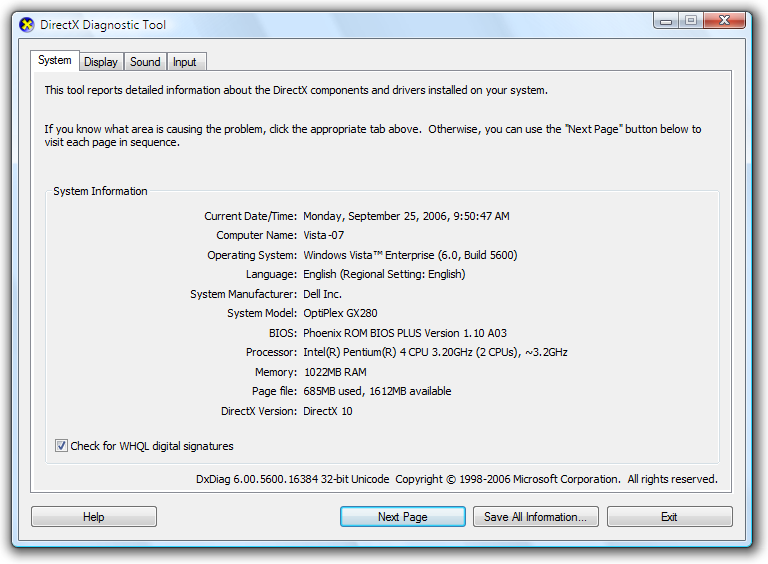 لقطة الشاشة: أداة DirectX Diagnostic