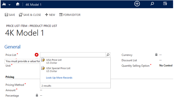 Open new price list item in Dynamics 365
