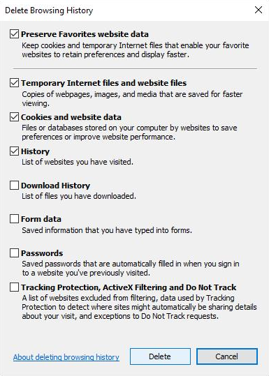 Screenshot of the Delete Browsing History Window. Temporary Internet Files, Cookies, and History options are checked.