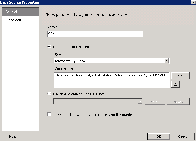 Screenshot shows Fixed report with _MSCRM is at the end of Initial Catalog.