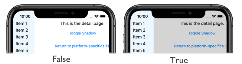 Screenshot of a FlyoutPage with and without shadow