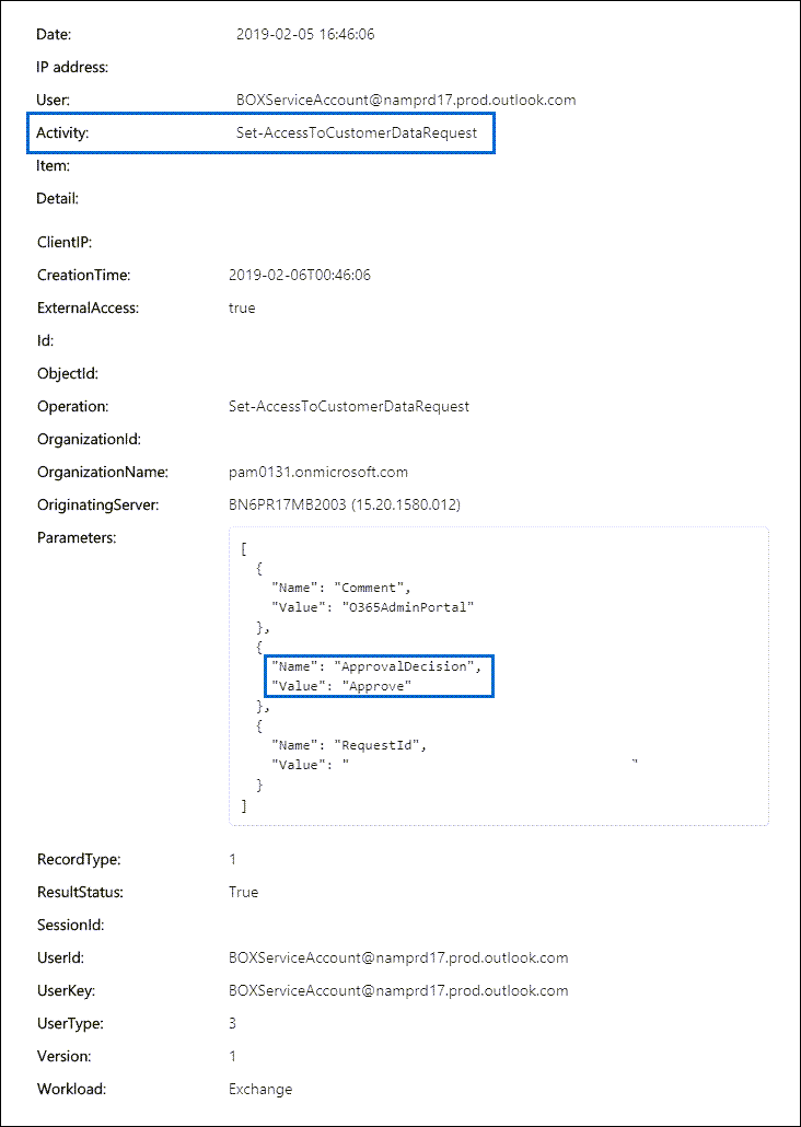 Audit record for an approved Customer Lockbox request.