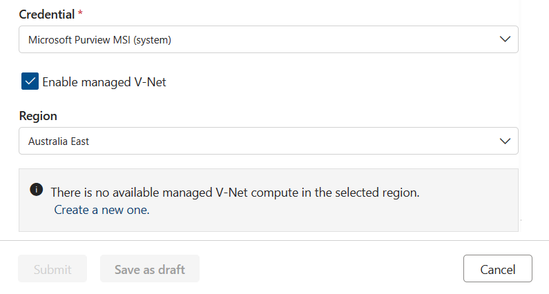 Screenshot of the create connection overview page with the enable managed virtual network selected.