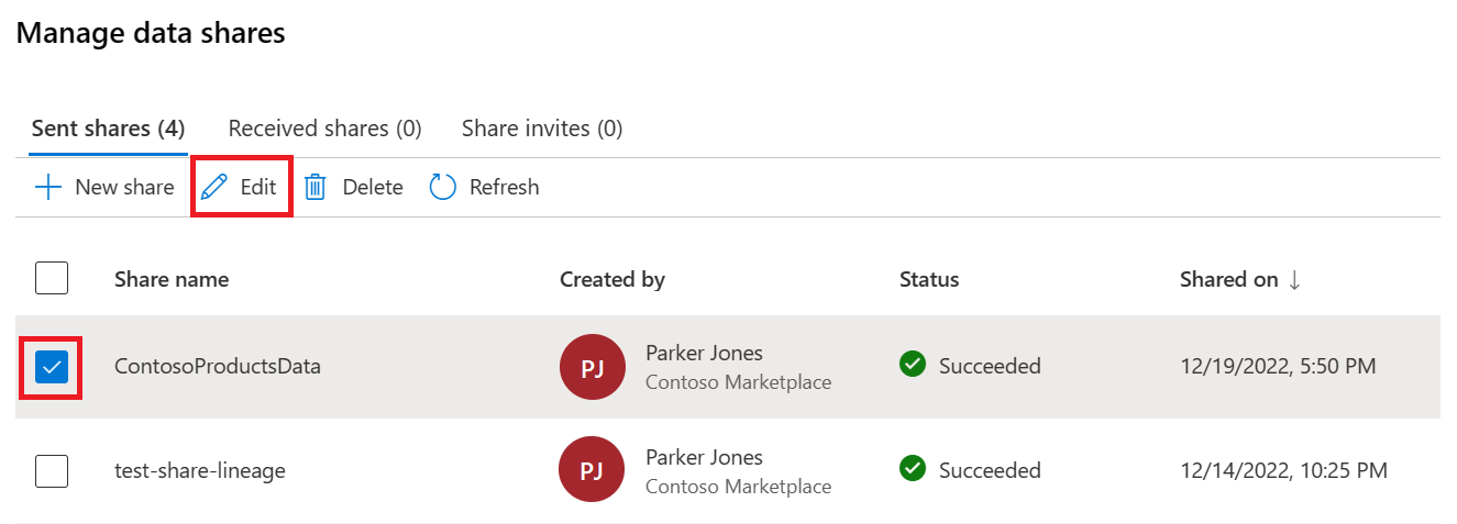 Screenshot of the Manage data shares page with a share selected and the edit button highlighted.