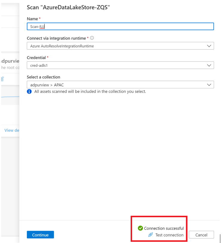 Screenshot that shows the test connection for service principal