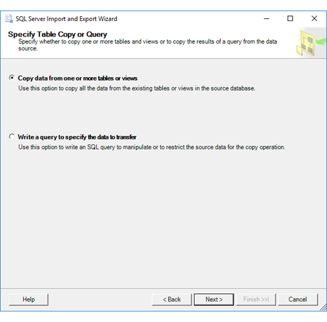 Table copy or query page of the Import and Export Wizard Table copy or query page of the Import and Export Wizard
