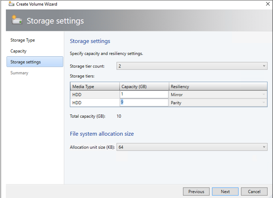 Screenshot of configure Storage settings.