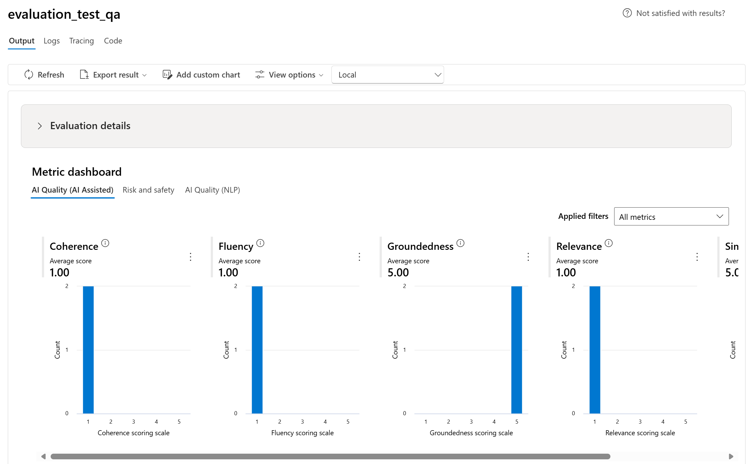 لقطة شاشة لنتائج التقييم الآلي في Microsoft Foundry. تعرض الرسوم البيانية متوسط الدرجات والعد من حيث التماسك، والطلاقة، والتأليق، والملاءمة، وعرض منفصل يظهر نتائج المخاطر والسلامة.