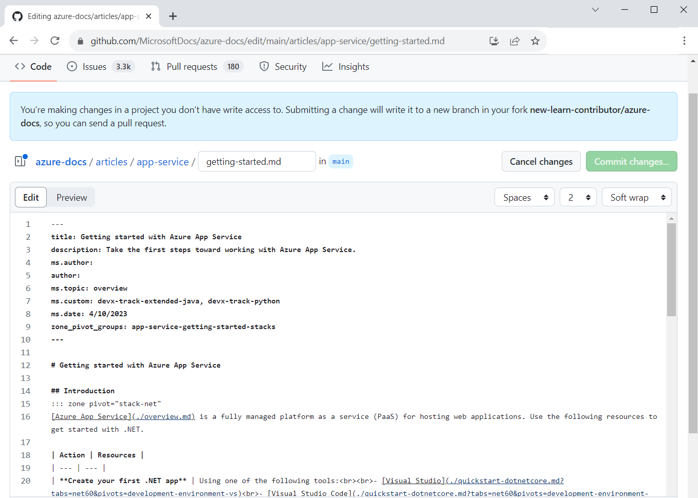 لقطة شاشة لمستعرض مع مقالة وثائق مكتوبة في بناء جملة Markdown، والتي يمكن تحريرها في جزء Edit.