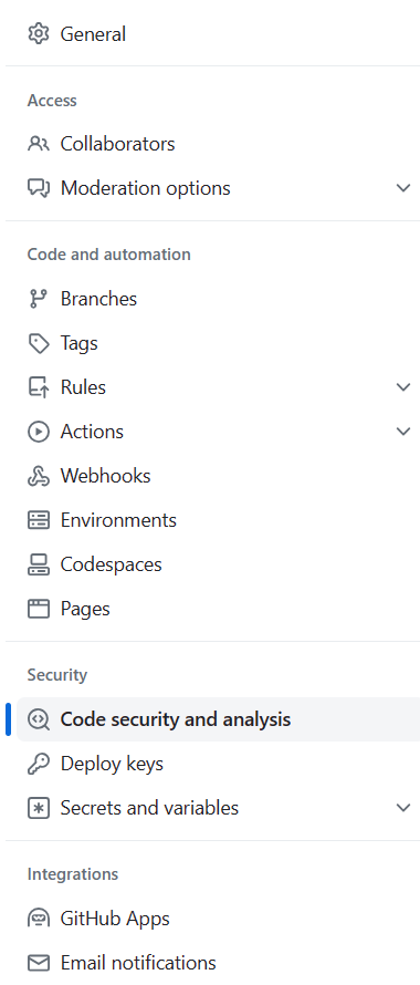 لقطة شاشة لزر Code security and analysis.